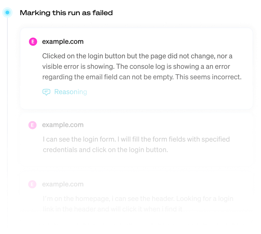 Screenshot showing AI agent executing check steps including clicking buttons and verifying content