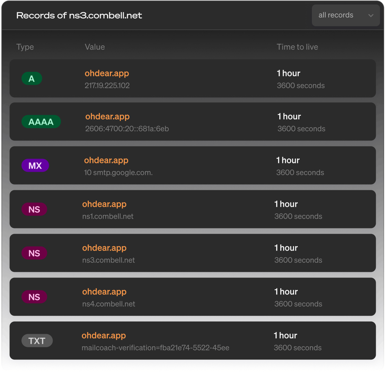 Complete DNS records list showing all monitored record types including A, AAAA, MX, TXT, CNAME, NS, and SOA records