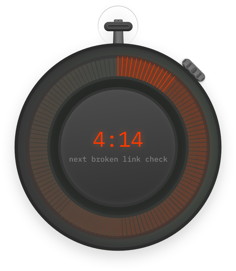 Stopwatch icon with broken link symbol showing automated daily crawling