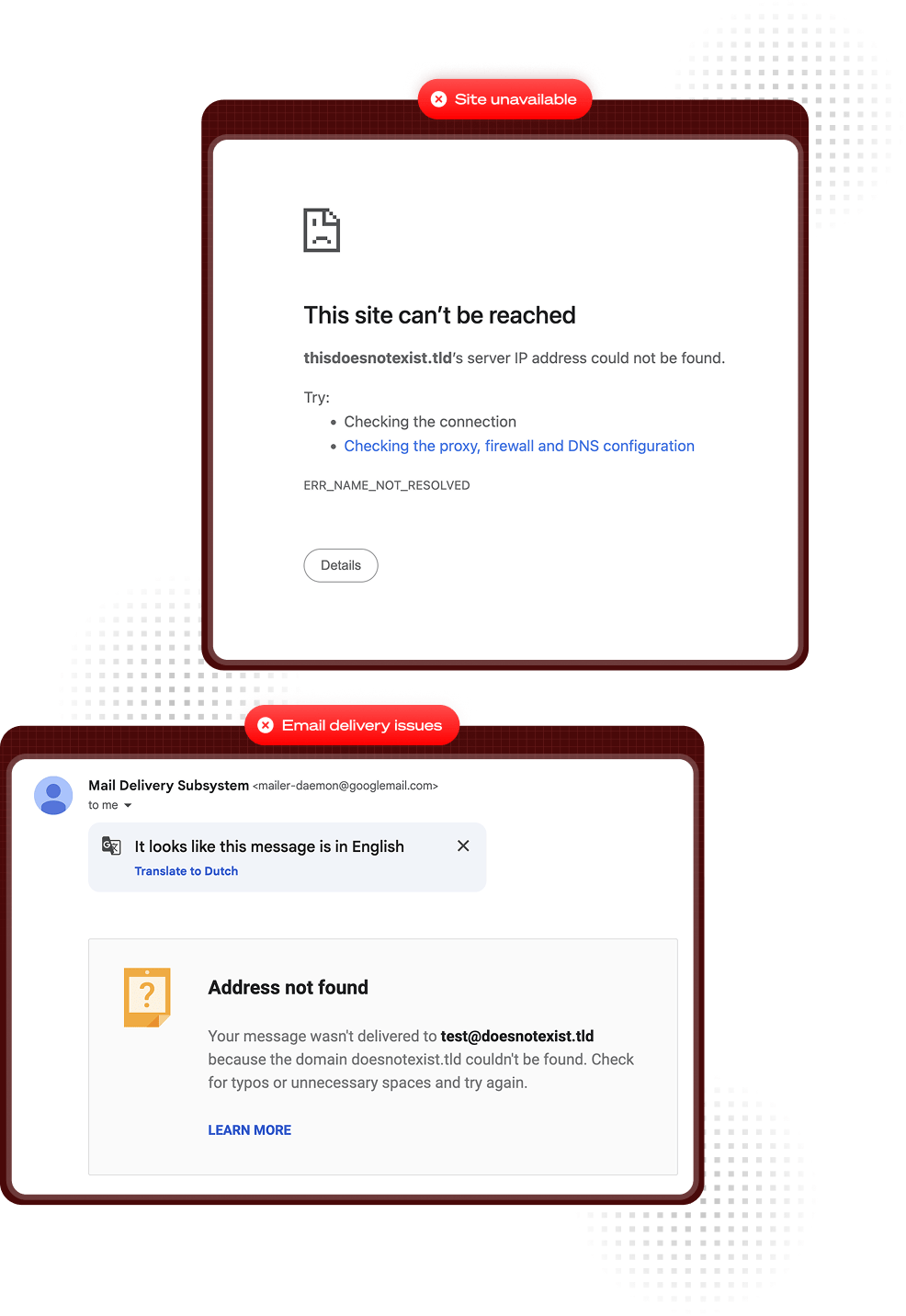 List of DNS monitoring risks including DNS hijacking, accidental changes, email blackouts, and security breaches
