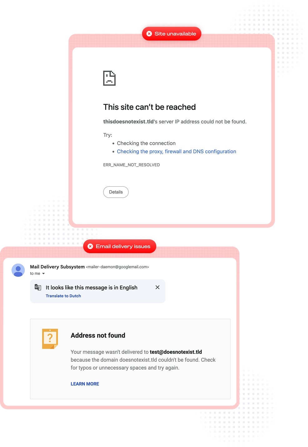 List of DNS monitoring risks including DNS hijacking, accidental changes, email blackouts, and security breaches
