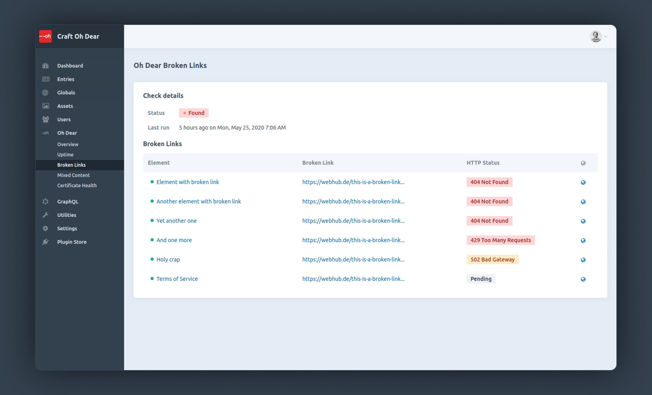 Overview of the broken links in CraftCMS