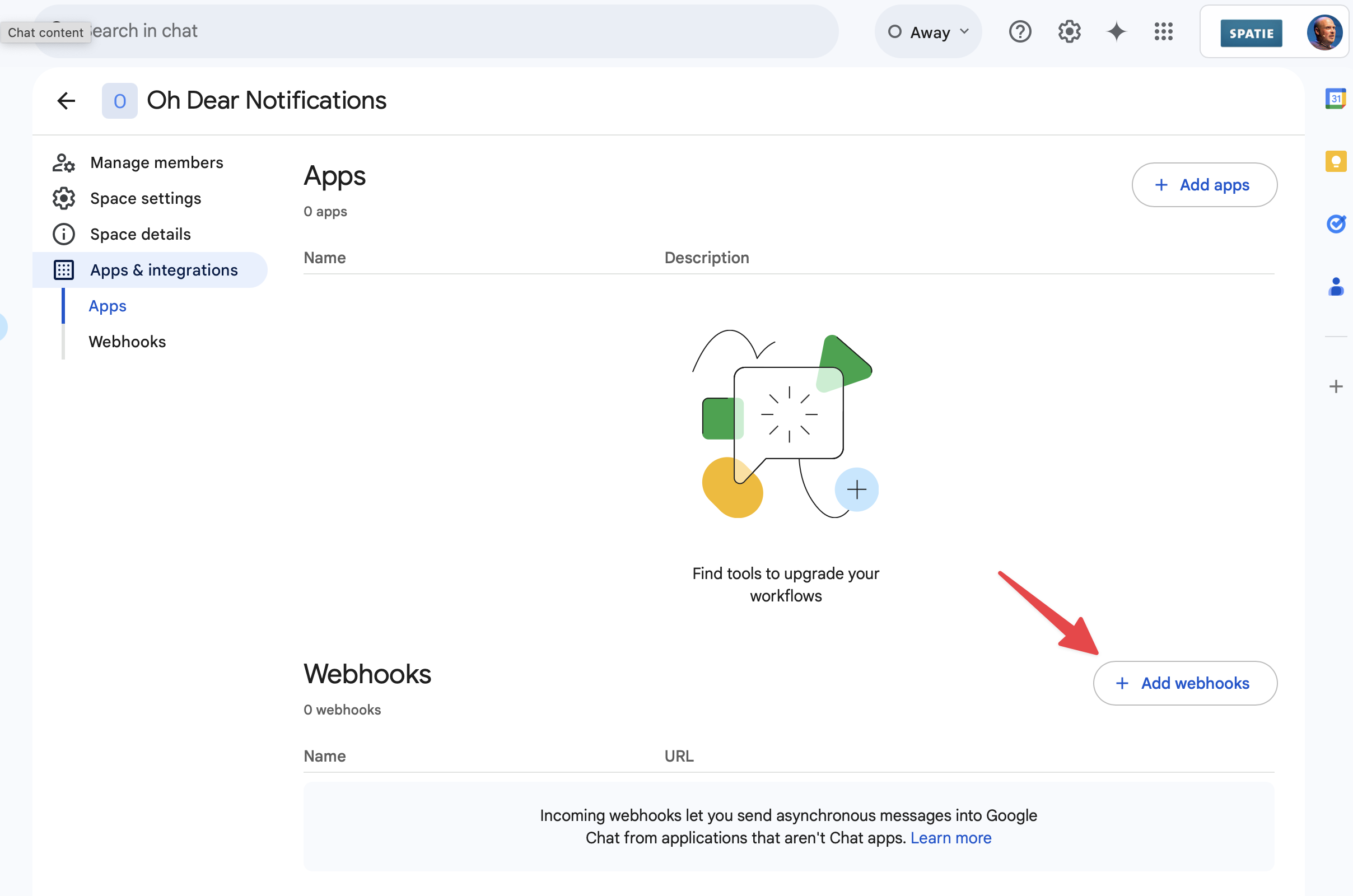 Creating a Google Chat webhook