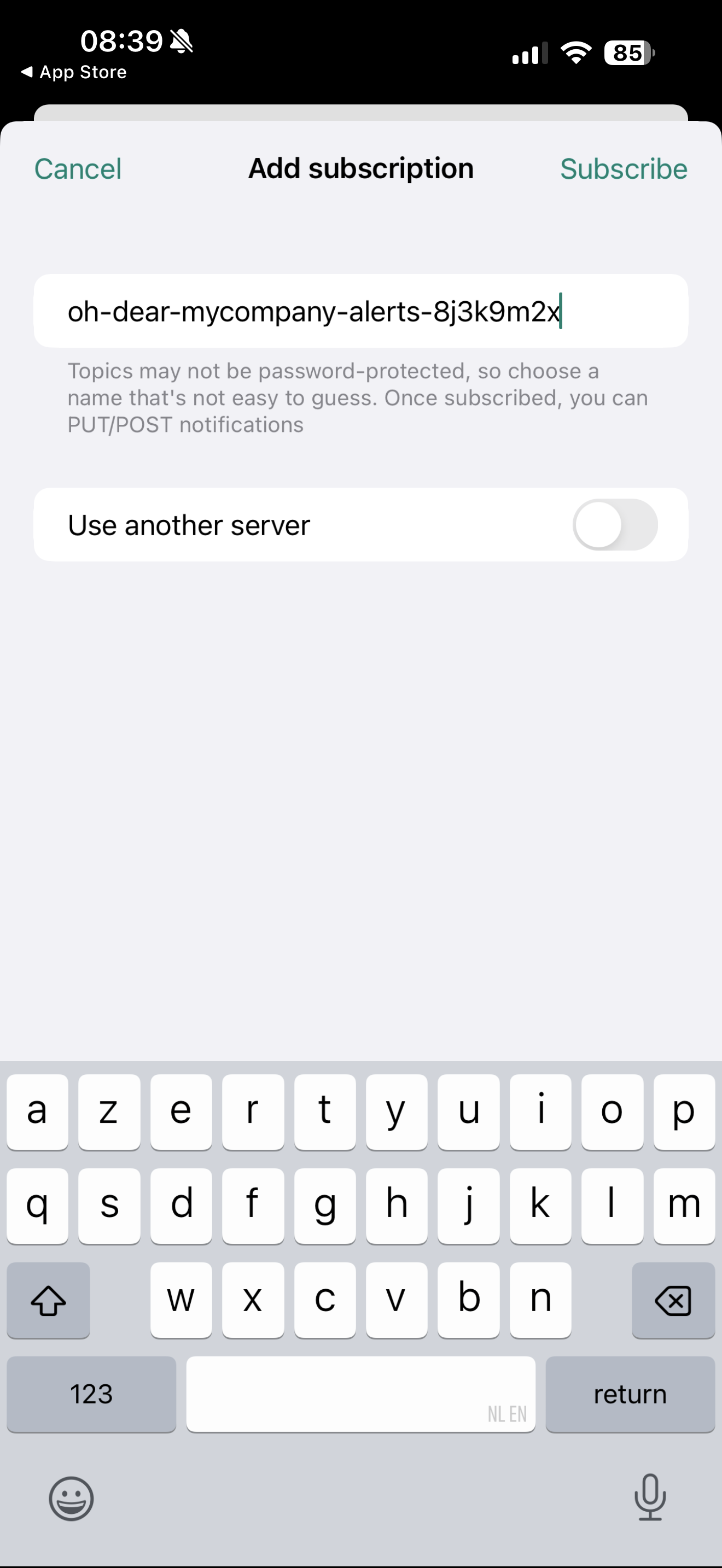 ntfy add subscription screen