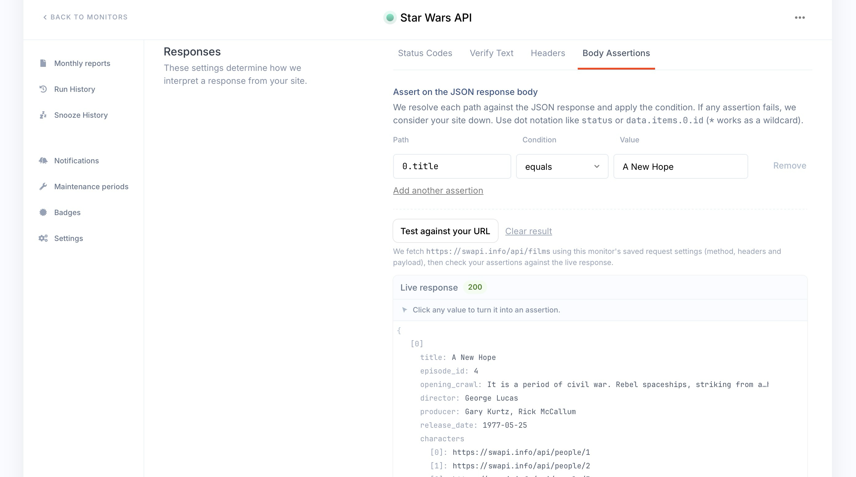 Configuring JSON response body assertions for an uptime check in Oh Dear