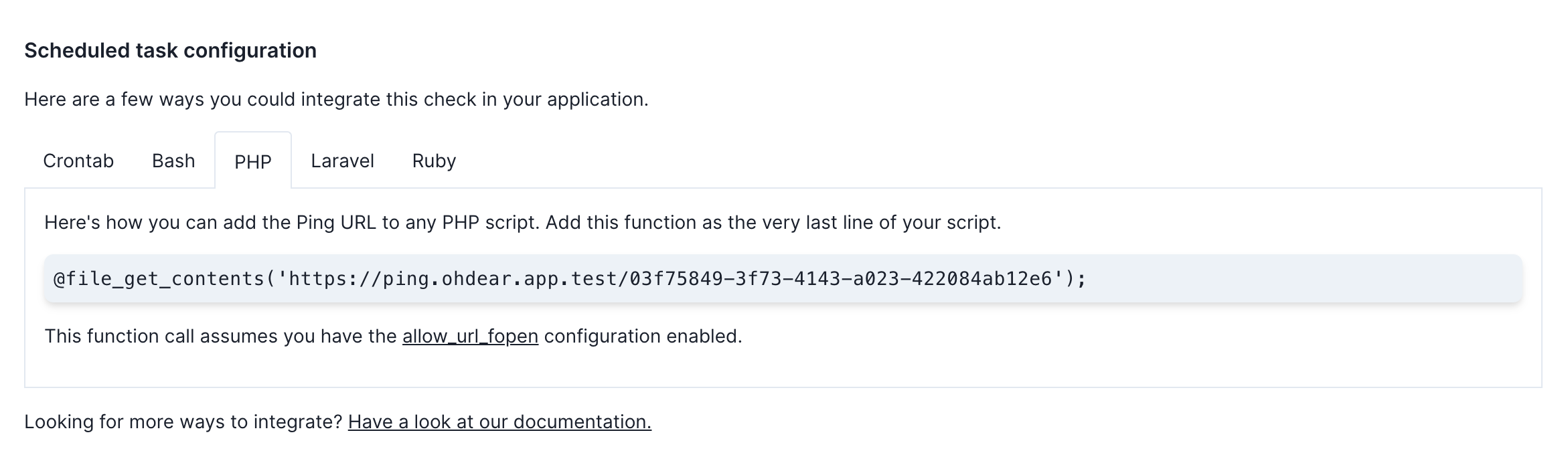 Example of implementing pingback URLs in Oh Dear scheduled task monitoring
