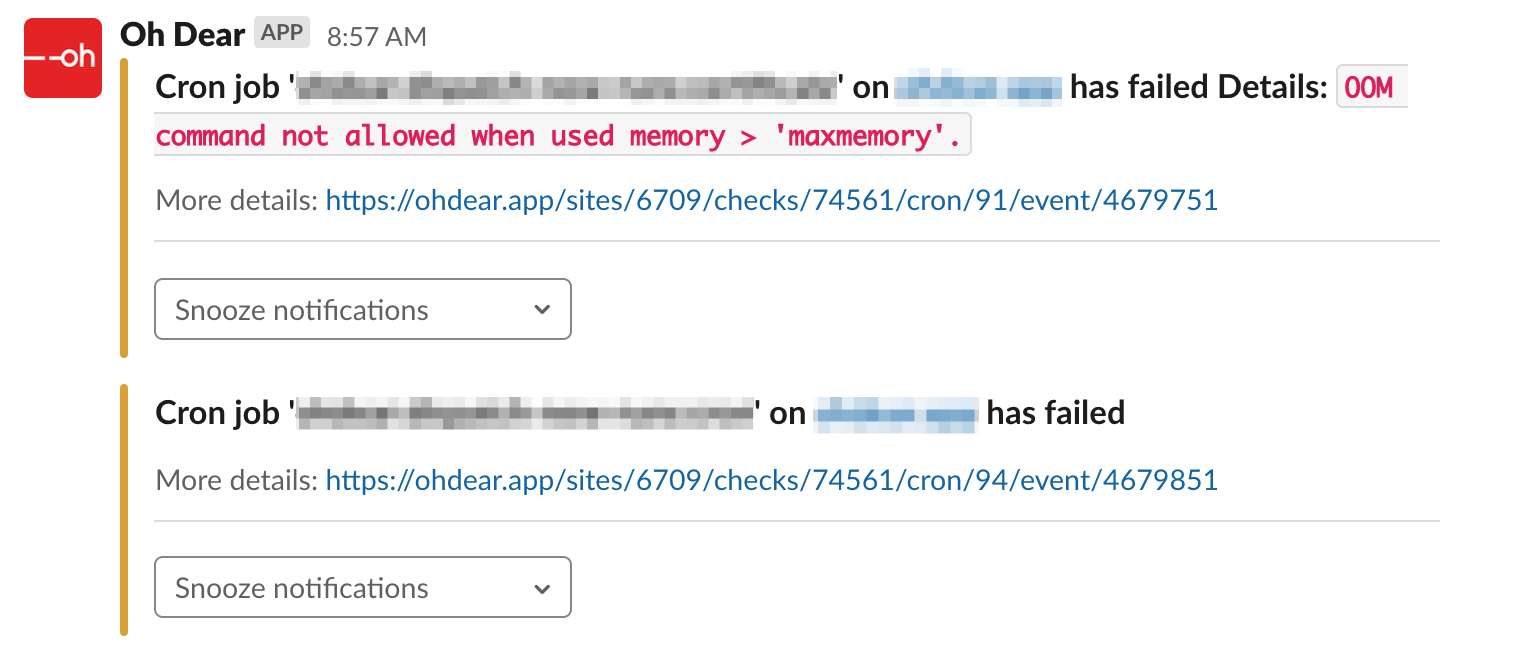 Example Slack notification for a failed scheduled task