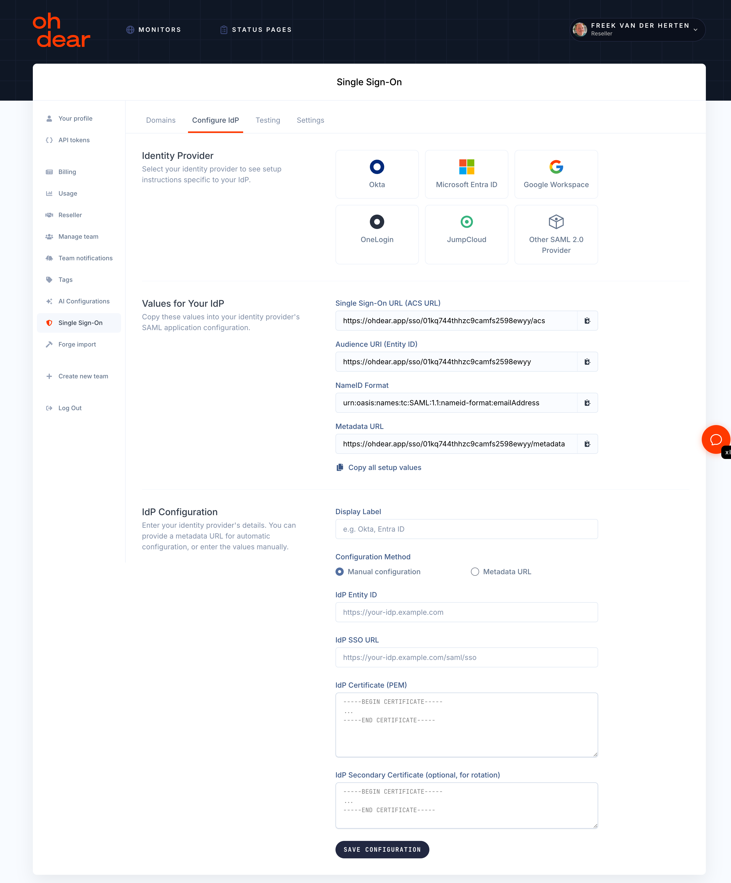 The Configure IdP screen in Oh Dear, showing provider tiles for Okta, Microsoft Entra ID, Google Workspace, OneLogin, JumpCloud, and other SAML 2.0 providers, alongside the SP values to copy into your IdP