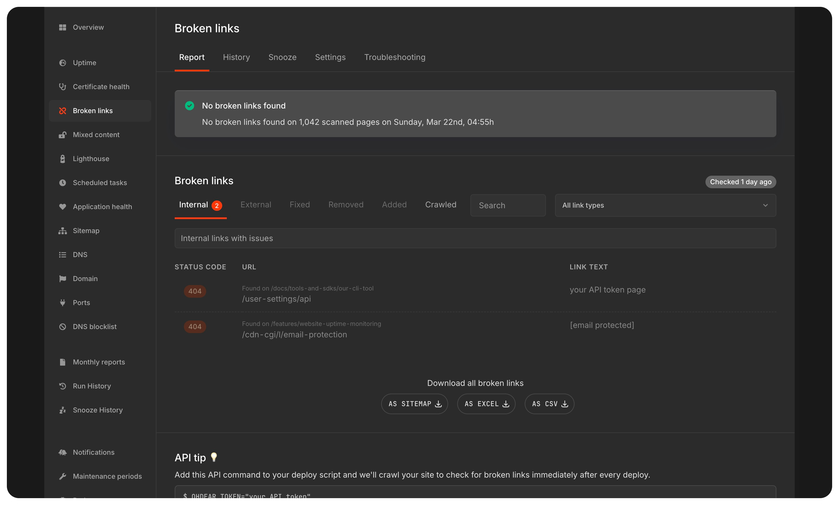 Oh Dear - Broken links page in dark mode