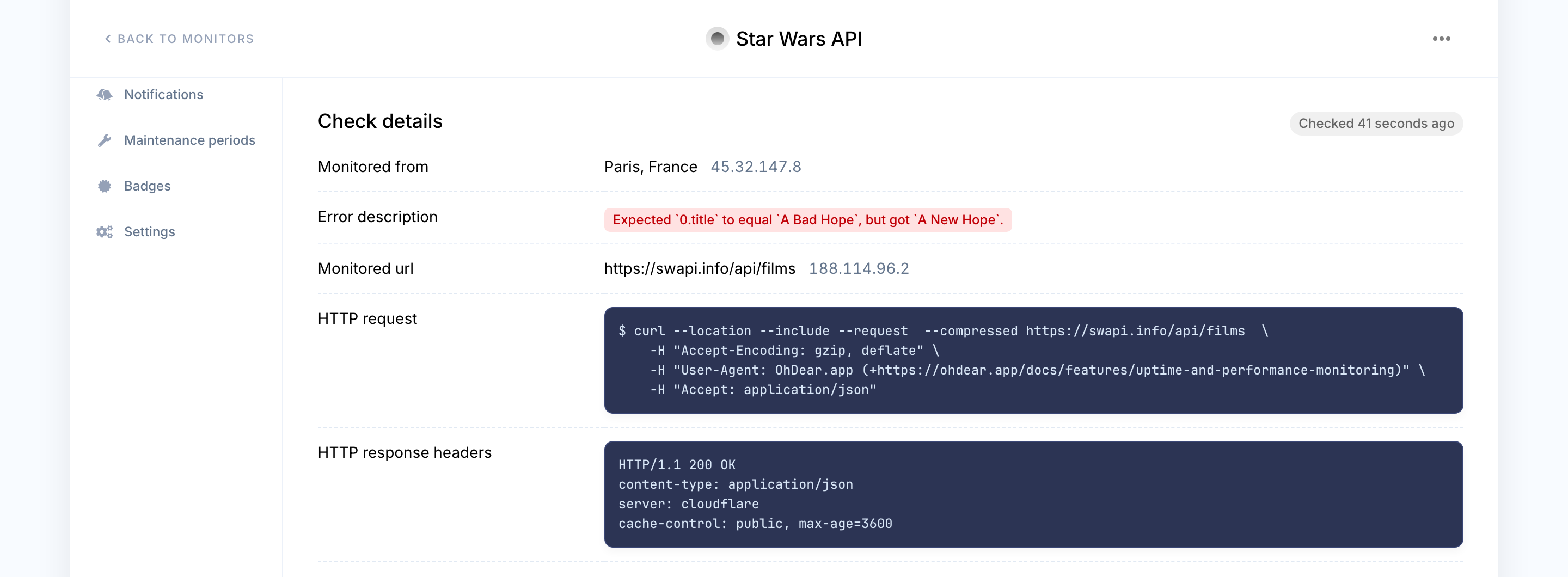 A failing body assertion: the live response shows the assertion did not pass because 0.title is A New Hope, not A Bad Hope