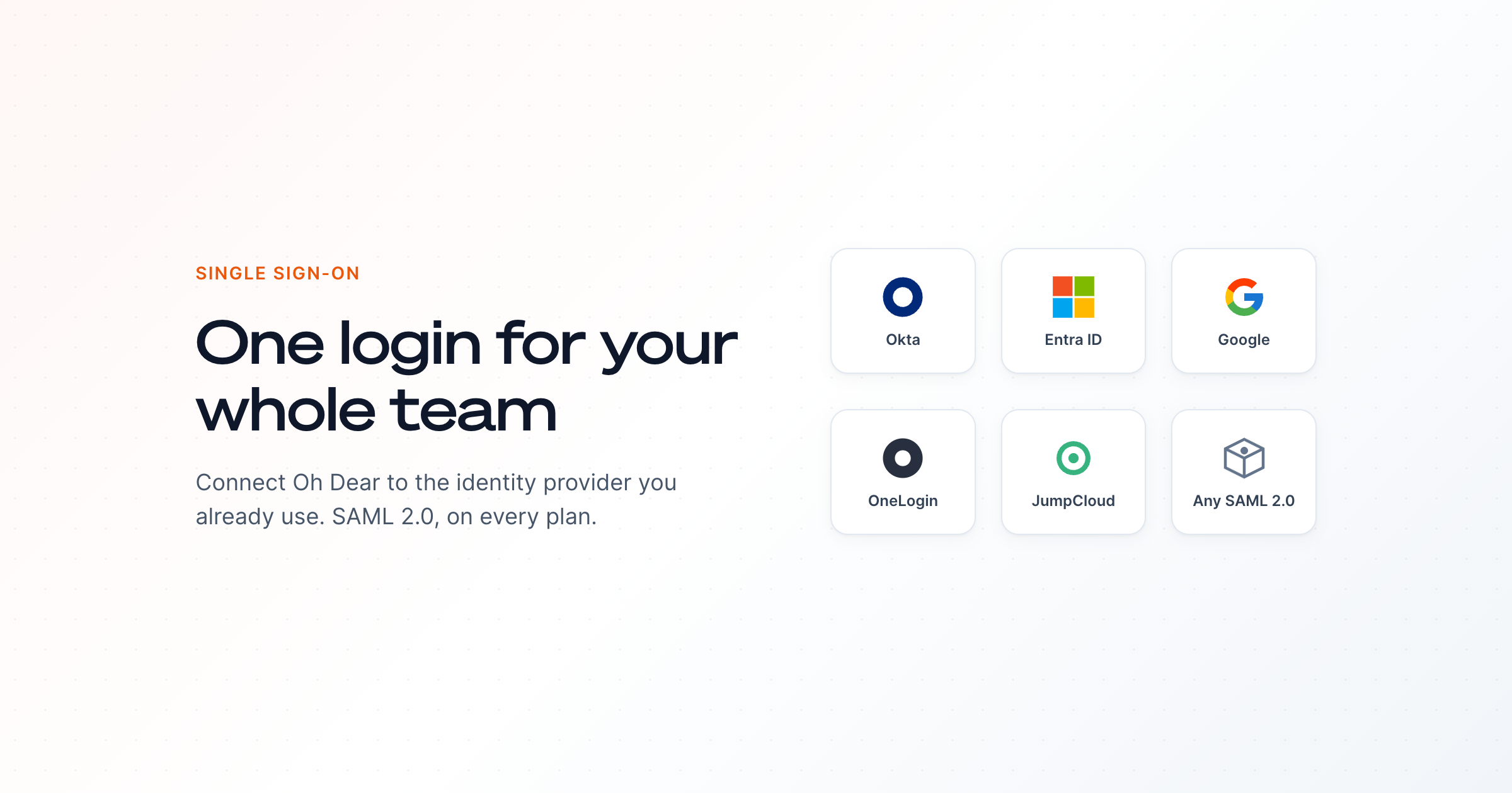 SSO support in Oh Dear with logos for Okta, Microsoft Entra ID, Google Workspace, OneLogin, JumpCloud, and any SAML 2.0 provider