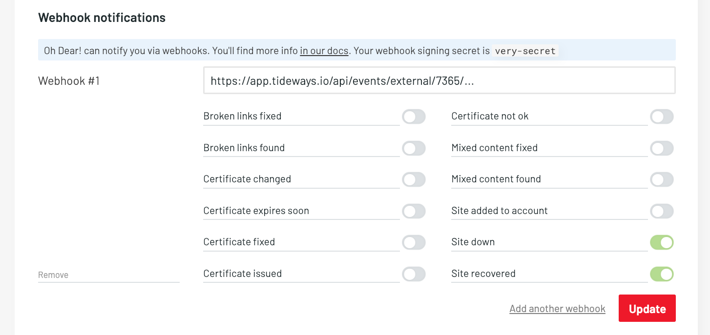 Oh Dear webook settings